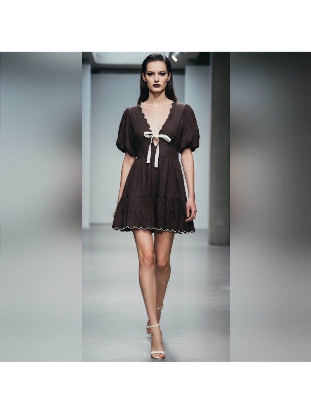 House of Harlow 1960 Brown Mini Dress with Cream Scallop Trim Cottagecore Size 2